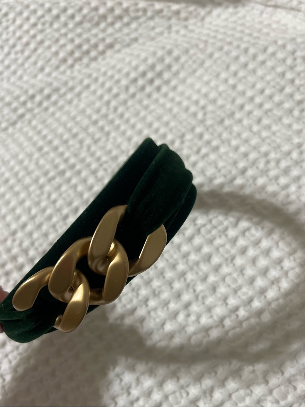 Green Velvet Headband with Gold Chain Accent
